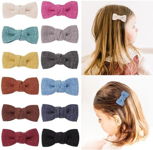 2" Baby Linen Bow Hair Clips: 12pc Boutique Handmade Fully Lined Hair Barrettes for Girls, Toddlers, and Infants of All Ages in Kuwait