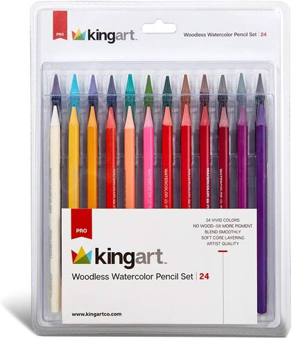KINGART 315-24 جودة احترافية للفنانين 24 قيراط. مجموعة أقلام ألوان مائية بدون خشب، 24 قلم رصاص ناعم، أقلام تلوين على شكل أقلام تلوين مشحذ مسبقًا، تستخدم رطبة أو جافة، احترافية للمبتدئين in Saudi Arabia