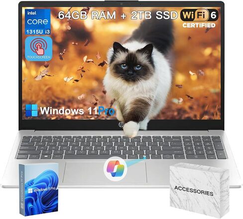 HP 2025 15.6" Touchscreen Laptop - w/Office Lifetime & Win 11 Pro&External DVD Drive, Intel i3 1315U(Up to 4.5GHz), Wi-Fi 6, Copilot AI, HD Touch Display, Long Battery Life, 64GB RAM, 2TB SSD in Saudi Arabia