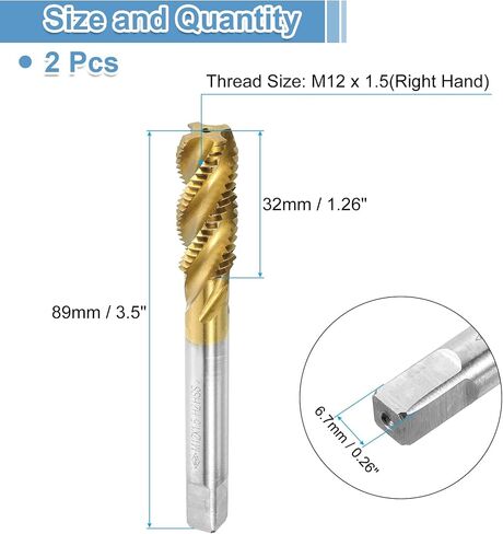 uxcell 2pcs Spiral Flute Thread Taps, M12 x 1 H2 Screw Threading Tap, Titanium Coated 6542 High Speed Steel Machine Tapping Tools for Machinist Repair in Saudi Arabia