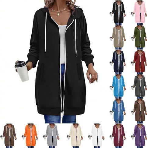 Long zip Up Hoodie Women مع اثنين من السوستة العصرية خفيفة الوزن هوديز الضخم سقوط من النوع الثقيل سافر رياضي in Kuwait