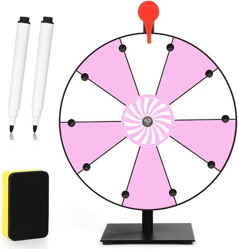 12 Inch Spinning Prize Wheel, 10 Slots Tabletop Fortune Wheel Spinner with Stand Raffle Roulette with Dry Erase & Markers for Carnivals, Trade Shows, Holiday Activities, Game (Pink+White) in Saudi Arabia