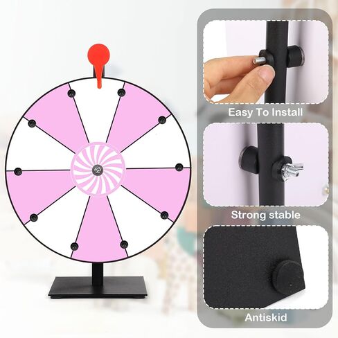 12 Inch Spinning Prize Wheel, 10 Slots Tabletop Fortune Wheel Spinner with Stand Raffle Roulette with Dry Erase & Markers for Carnivals, Trade Shows, Holiday Activities, Game (Pink+White) in Saudi Arabia