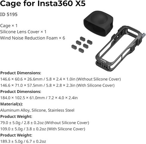 قفص صغير من أجل insta360 x5 accessories ، حالة بروتينية من سبائك الألومنيوم لـ Insta360 x5 مع إطلاق سريع ، حوامل أحذية باردة مدمجة و 1/4 بوصة ، مع غطاء حراسة عدسة السيليكون - 5195 in Kuwait