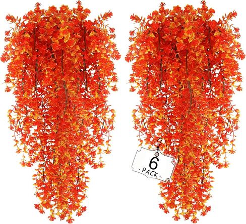 Artificial Fall Hanging Flowers Outdoor, UV Resistant No Fade Fake Plastic Plants for Garden Porch Window Box, Thankgiving Day Decor (Orange Red, 6 Bundles) in Kuwait