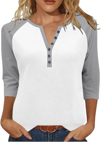 3/4 Sleeve Henley Tops for Women Casual T Shirts Button V Neck Tunic Blouses Color Block Basic Tee Top Loose Fit Shirt in Kuwait