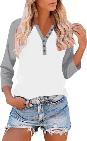 3/4 Sleeve Henley Tops for Women Casual T Shirts Button V Neck Tunic Blouses Color Block Basic Tee Top Loose Fit Shirt in Kuwait