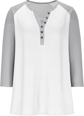 3/4 Sleeve Henley Tops for Women Casual T Shirts Button V Neck Tunic Blouses Color Block Basic Tee Top Loose Fit Shirt in Kuwait