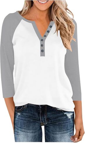 3/4 Sleeve Henley Tops for Women Casual T Shirts Button V Neck Tunic Blouses Color Block Basic Tee Top Loose Fit Shirt in Kuwait