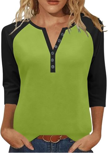 3/4 Sleeve Henley Tops for Women Casual T Shirts Button V Neck Tunic Blouses Color Block Basic Tee Top Loose Fit Shirt in Kuwait