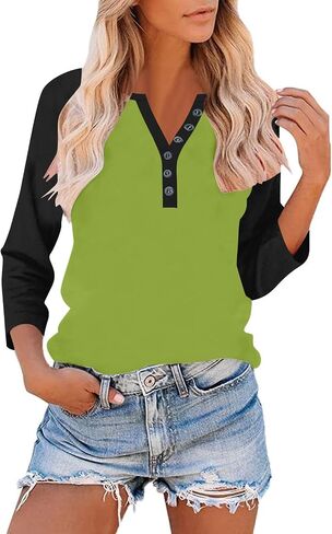3/4 Sleeve Henley Tops for Women Casual T Shirts Button V Neck Tunic Blouses Color Block Basic Tee Top Loose Fit Shirt in Kuwait