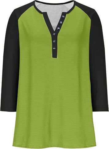 3/4 Sleeve Henley Tops for Women Casual T Shirts Button V Neck Tunic Blouses Color Block Basic Tee Top Loose Fit Shirt in Kuwait