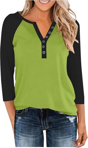 3/4 Sleeve Henley Tops for Women Casual T Shirts Button V Neck Tunic Blouses Color Block Basic Tee Top Loose Fit Shirt in Kuwait