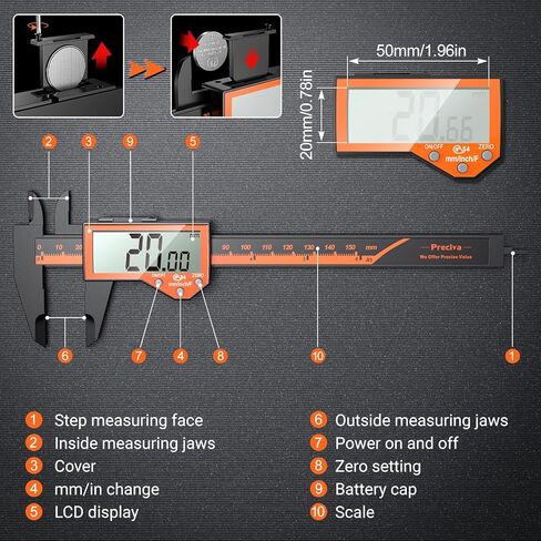Preciva 6 Inch Digital Caliper, High Precision Measuring Tool with Large LCD Screen,Inch/Metric/Fraction Conversion, Auto-Off Feature, Vernier Caliper for DIY and Household (Orange) in Kuwait