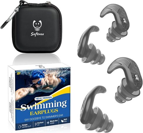 Swimming Ear Plugs, 2 Pairs Swimmers Earplugs for Adults Teens- Block Water Out, Ultra Soft, Custom Fit, Water Protection Reusable Plugs for Sailing Surfing Parasailing Diving Shower, Black in Saudi Arabia
