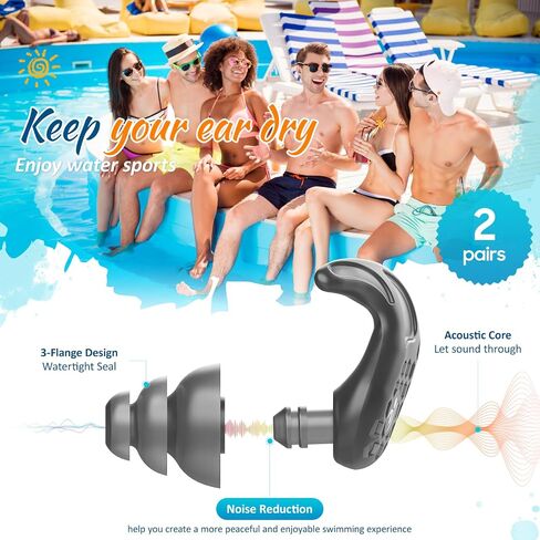 Swimming Ear Plugs, 2 Pairs Swimmers Earplugs for Adults Teens- Block Water Out, Ultra Soft, Custom Fit, Water Protection Reusable Plugs for Sailing Surfing Parasailing Diving Shower, Black in Saudi Arabia