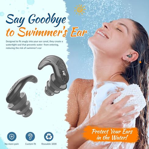 Swimming Ear Plugs, 2 Pairs Swimmers Earplugs for Adults Teens- Block Water Out, Ultra Soft, Custom Fit, Water Protection Reusable Plugs for Sailing Surfing Parasailing Diving Shower, Black in Saudi Arabia