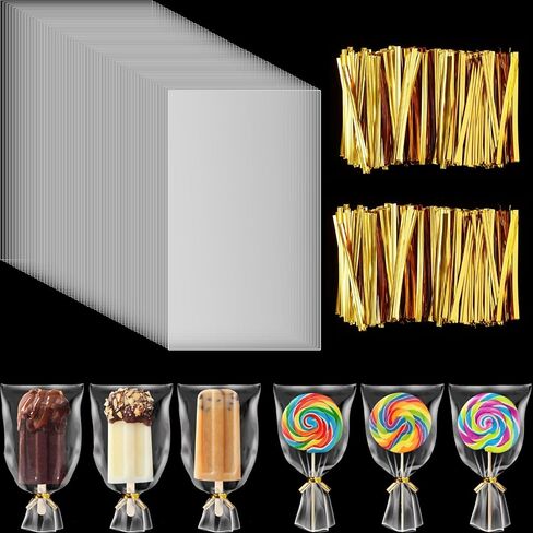 Shappy 200 Pieces Ice Lolly Bags Set 100 Pcs Clear Dessert Bags 4x6 Inch Cake Pop Plastic Bag with 100 Pcs Twist Ties for DIY Making Dessert Supplies Chocolate Cookie Wrapping Buffet in Saudi Arabia