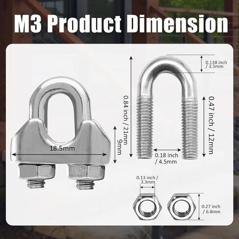 20 PCS 1/8 بوصة M3 حبل السلك مشبك مع وجع ، 304 مقاطع سلك الكابلات من الفولاذ المقاوم للصدأ ، u clamp clamp stitener in Saudi Arabia