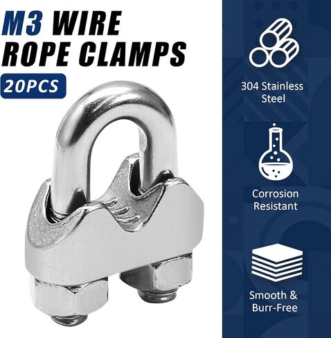 20 PCS 1/8 بوصة M3 حبل السلك مشبك مع وجع ، 304 مقاطع سلك الكابلات من الفولاذ المقاوم للصدأ ، u clamp clamp stitener in Saudi Arabia