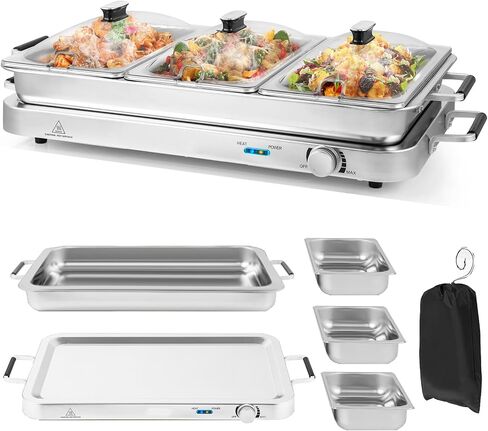 Giantex Buffet Server & Electric Food Warmer, 2-in-1 Food Warming Tray, Adjustable Temperature, 3 Food Pans with Lids, Dishwasher Safe, 8 QT Stainless Steel Chafing Dishes for Parties Holiday Events in Saudi Arabia