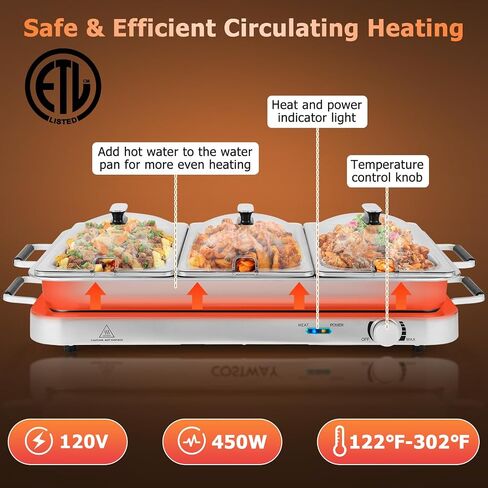 Giantex Buffet Server & Electric Food Warmer, 2-in-1 Food Warming Tray, Adjustable Temperature, 3 Food Pans with Lids, Dishwasher Safe, 8 QT Stainless Steel Chafing Dishes for Parties Holiday Events in Saudi Arabia