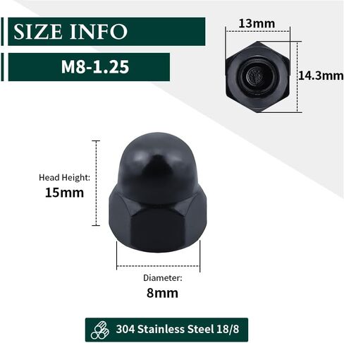 M8-1.25 Hex Head Acorn Cap Nuts, 304 Stainless Steel 18-8 Hexagon Head Acorn Dome Cap Nuts, Black Oxide Finish, Hex Drive, 10 PCS in Saudi Arabia