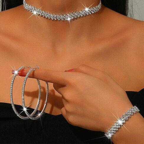 UniCra Black Jewelry مجموعات Rhinestone Netlace Hoop أقراط مجموعة PROM مجموعات مجوهرات الأزياء البراقة للنساء in Saudi Arabia