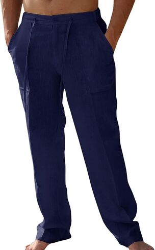 Lcyhony Linen Pants الرجال استرخاء ملاءمة مرنة الخصر الرباط اللباس سراويل الصيف سراويل شاطئ خفيفة الوزن مع جيوب in Saudi Arabia
