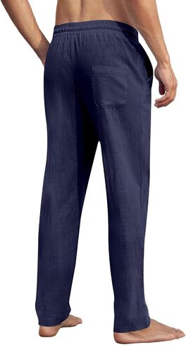 Lcyhony Linen Pants الرجال استرخاء ملاءمة مرنة الخصر الرباط اللباس سراويل الصيف سراويل شاطئ خفيفة الوزن مع جيوب in Saudi Arabia