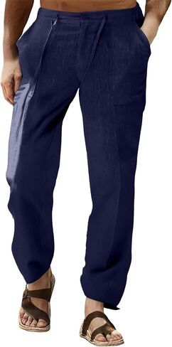 Lcyhony Linen Pants الرجال استرخاء ملاءمة مرنة الخصر الرباط اللباس سراويل الصيف سراويل شاطئ خفيفة الوزن مع جيوب in Saudi Arabia
