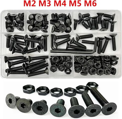 Countersunk Flat Head Hex Bolt Nut Set Kit M2 M3 M4 M5 M6 Black Grade 10.9 Steel Hexagon Hexagon Socket Head Allen Screw (M2 (482pcs)) in Saudi Arabia