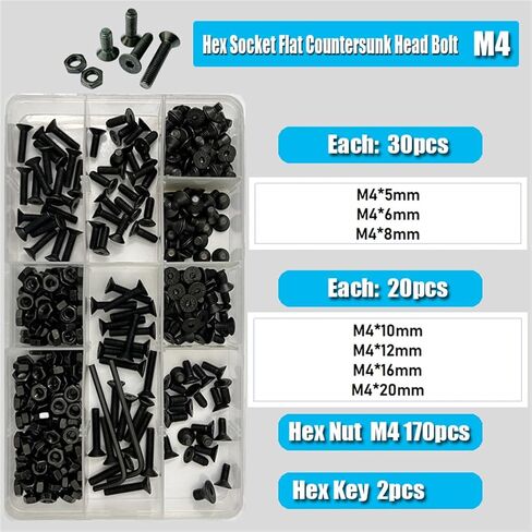 Countersunk Flat Head Hex Bolt Nut Set Kit M2 M3 M4 M5 M6 Black Grade 10.9 Steel Hexagon Hexagon Socket Head Allen Screw (M2 (482pcs)) in Saudi Arabia
