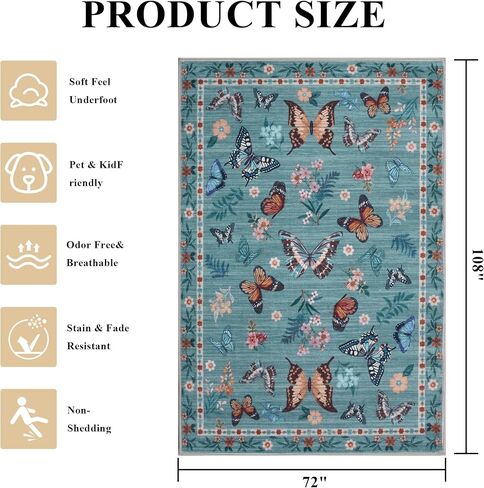 Insect Floral Area Rug for Living Room 5x7 Machine Washable Area Rug Non-Slip Low Pile Large Bedroom Rug Stain Resistant Throw Rug Carpet for Nursery Dining Room Kids Playroom Office Beige in Kuwait