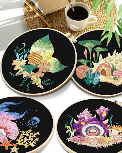 Embroidery Kits for Beginners for Adult, 4 Sets Butterfly Whale Embroidery Kit for Beginners Include Embroidery Cloth Hoops Threads for Craft Lover Hand Stitch with Embroidery Skill Techniques in Kuwait
