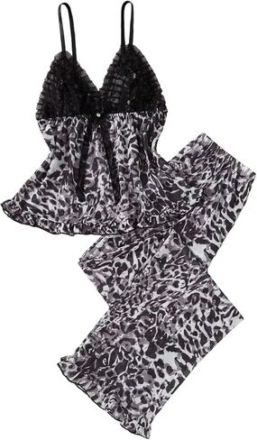 نساء 2 قطعة مثيرة الشبكة شباك pajama مجموعة الفهد طباعة الكشكش تقليم كامي أعلى والسراويل Sleepwear cheetah طباعة pjs in Kuwait