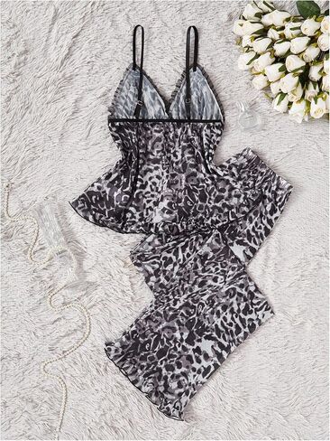 نساء 2 قطعة مثيرة الشبكة شباك pajama مجموعة الفهد طباعة الكشكش تقليم كامي أعلى والسراويل Sleepwear cheetah طباعة pjs in Kuwait