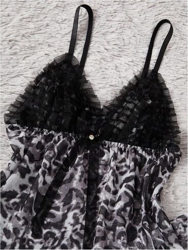 نساء 2 قطعة مثيرة الشبكة شباك pajama مجموعة الفهد طباعة الكشكش تقليم كامي أعلى والسراويل Sleepwear cheetah طباعة pjs in Kuwait