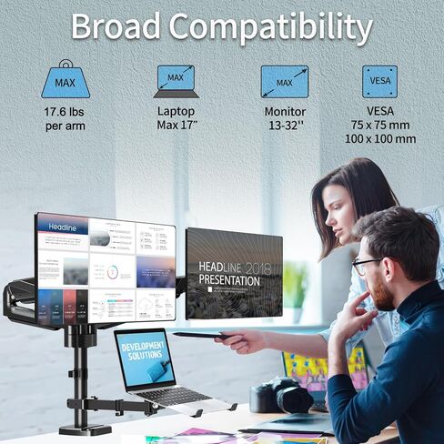 MOUNTUP Laptop Stand for Desk, 2-in-1 Monitor Mount with Laptop Tray Holds up to 19.8lbs, Adjustable Laptops Arm Mount for Max 17" Notebook & 32" Monitor, Laptops Desk Arm with Clamp/Grommet in Saudi Arabia