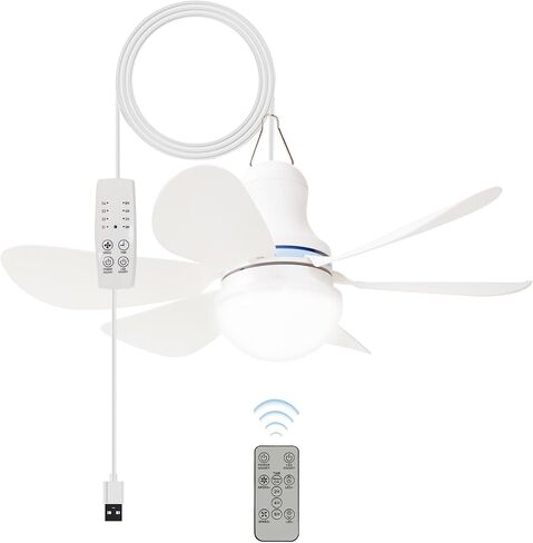 Portable USB Ceiling Fan with LED Light & Remote Control |4 Speeds,3 Light Modes,Timer |17in Mini Size, 6 Detachable Blades|DC 5V Hanging Fan for Tent, RV, Camping,Patio & Home-Easy Install in Saudi Arabia