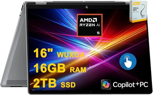 HP Envy X360 2-in-1 AI PC LAPTOP | 16 "Wuxga Touch | Intel 12-Core Ultra 7 155u (> I7-1335U) | 16GB DDR5 1TB SSD | Backlit Thunderbolt Poly Studio Privacy Camera Win11pro W/DLCA ملحق in Kuwait
