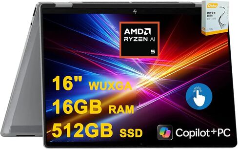HP OmniBook X Flip AI PC 2-in-1 Laptop | 16" WUXGA Touch (400nits) | AMD 6-core Ryzen AI 5 340 (Up to 50 Tops) | 16GB DDR5 512GB SSD | Backlit 5MP IR Privacy Camera Win11Pro w/DLCA Accessory in Kuwait