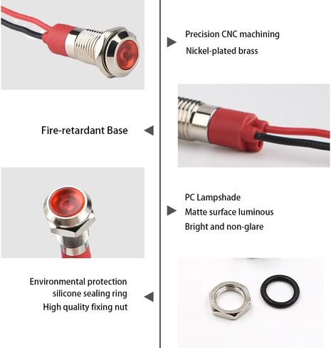 مؤشر معدني LED مقام 6 مم ضوء 12V-24V مؤشر مؤشر مضاد للماء مصباح الإشارة مسبقًا للرسوم الدائرية للسيطرة الصناعية للسيارة القارب 5 مساءً (أحمر in Kuwait