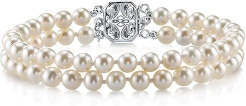 The Pearl Source Sterling Silver 6-7mm AAAA Quality Round White Double Freshwater Cultured Pearl Bracelet for Women in Saudi Arabia