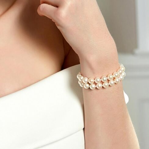 The Pearl Source Sterling Silver 6-7mm AAAA Quality Round White Double Freshwater Cultured Pearl Bracelet for Women in Saudi Arabia