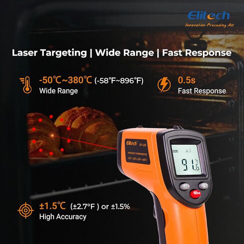 Elitech Infrared Notometer Gun للطهي ، والإصلاحات المنزلية ، ومسدس درجة حرارة الليزر الرقمي غير التلامس مع الإضاءة الخلفية ، والانبعاثات القابلة للتعديل ، -58 ℉ إلى 896 ℉ (-50 ~ 380 درجة مئوية) ، DIT-220 in Kuwait