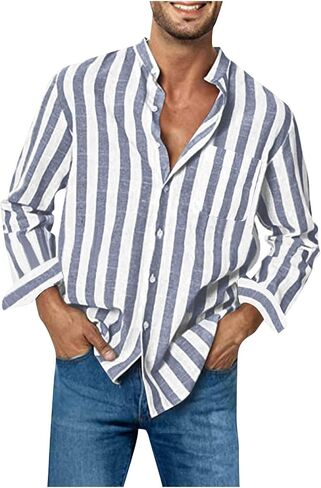 Men's Long Sleeve Button Down Shirts Casual Striped Lapel Neck Fall T Shirt Fashion 2025 Cotton Work Office Clothes in Saudi Arabia