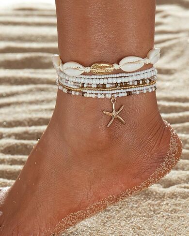 3 Pcs Shell Anklets Bracelets for Women Summer Sea Shell Starfish Ankle Bracelet Set Adjustable Handmade Boho Beaded Anklets Beach Surfer Foot Jewelry Accessories in Saudi Arabia