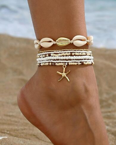 3 Pcs Shell Anklets Bracelets for Women Summer Sea Shell Starfish Ankle Bracelet Set Adjustable Handmade Boho Beaded Anklets Beach Surfer Foot Jewelry Accessories in Saudi Arabia