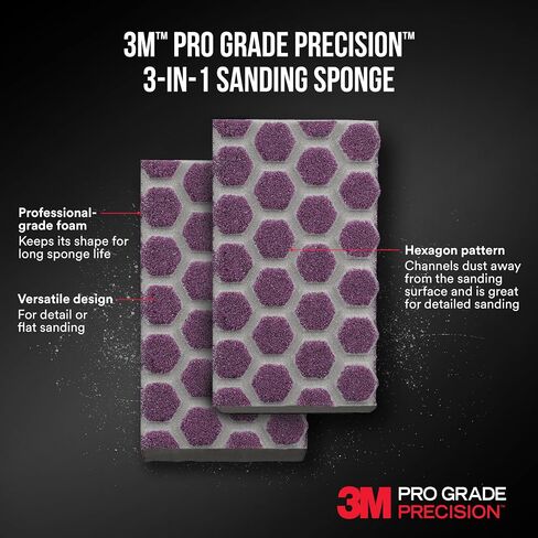 3M Pro Grade Precision 3-in-1 Sanding Sponge, 180 Grit Medium, for Woodworking, Drywall Prep, and Refinishing, 2.5 in x 4.5 in x 1 in in Saudi Arabia